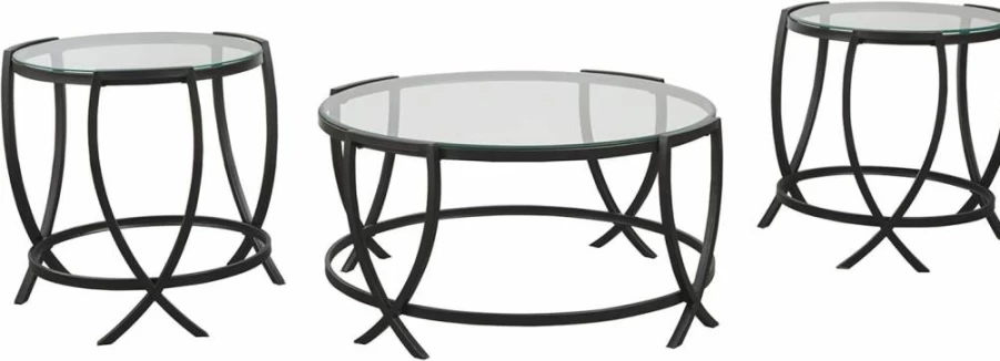 Signature Design by Ashley Tarrin Modern 3-Piece Round Glass Top Table Set - Black Coffee Table with 2 Side Tables