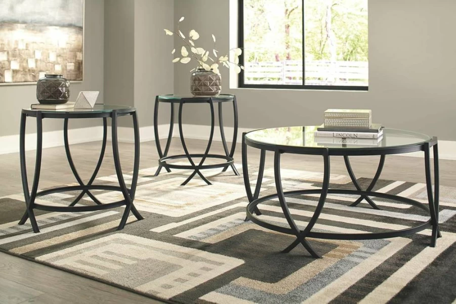 Signature Design by Ashley Tarrin Modern 3-Piece Round Glass Top Table Set - Black Coffee Table with 2 Side Tables