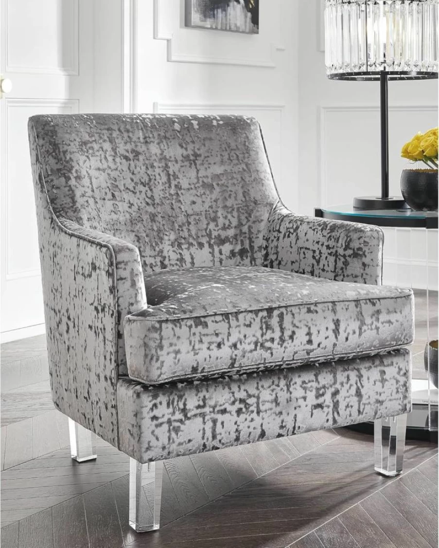 Signature Design by Ashley Gloriann Velvet Accent Chair with Clear Acrylic Legs in Charcoal Gray - Modern Glam Furniture