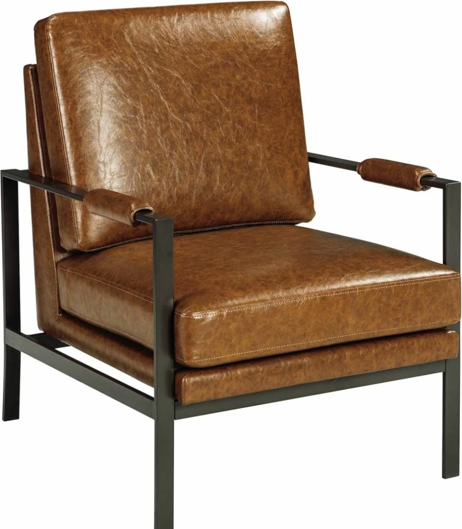 Signature Design by Ashley Peacemaker Mid-Century Modern Faux Leather Accent Chair - Brown Leather-Look Lounge Chair for Living Room