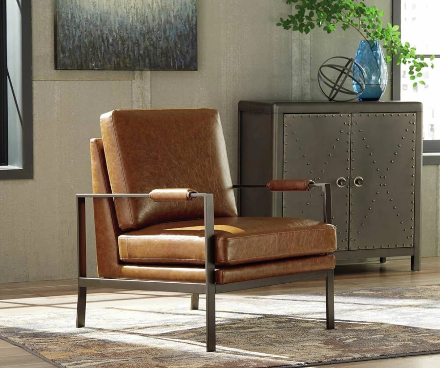 Signature Design by Ashley Peacemaker Mid-Century Modern Faux Leather Accent Chair - Brown Leather-Look Lounge Chair for Living Room