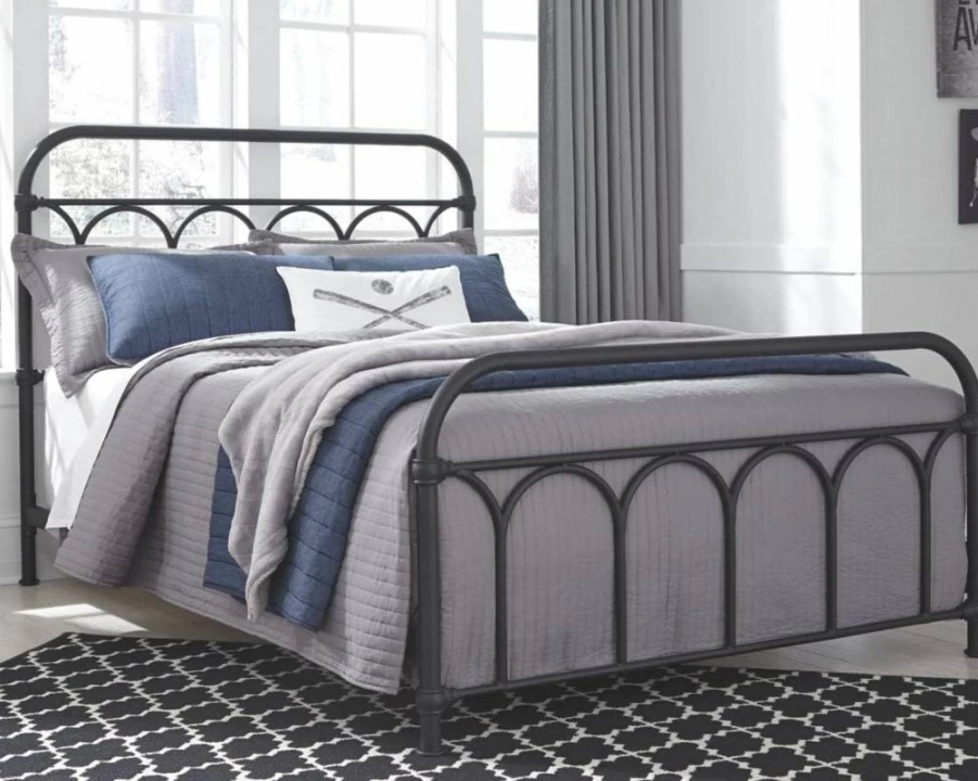Signature Design by Ashley Nashburg Queen Metal Bed - Farmhouse Industrial Style with Matte Black Powdercoated Finish