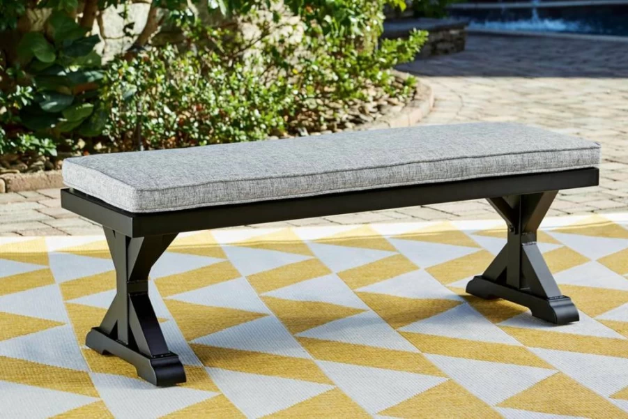 Signature Design by Ashley Beachcroft Light Gray & Black Weather-Resistant Outdoor Bench with Cushion, Casual Patio Seating