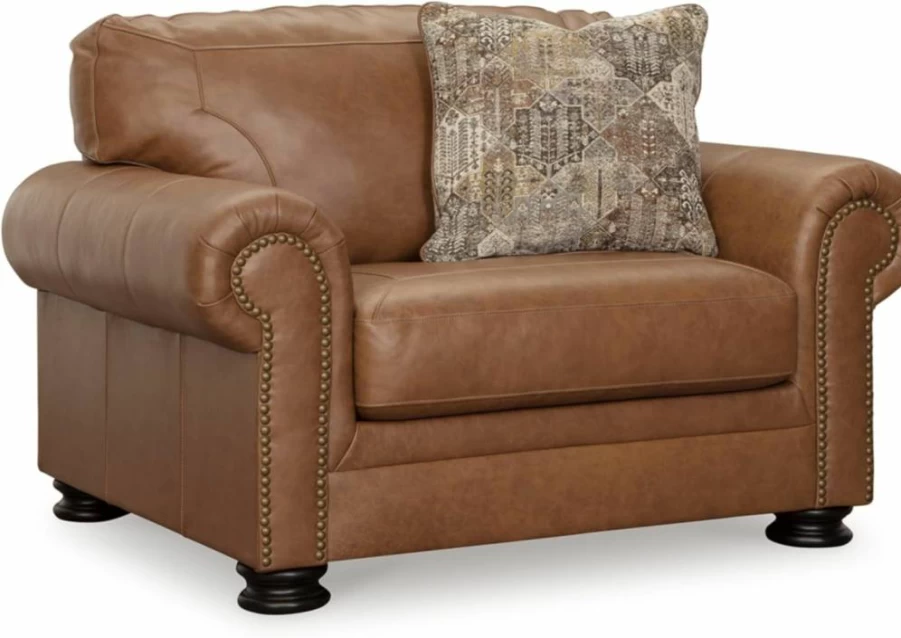 Signature Design by Ashley Carianna Oversized Leather Match Chair with Nailhead Trim & Accent Pillow, Dark Brown Contemporary Upholstered Seating