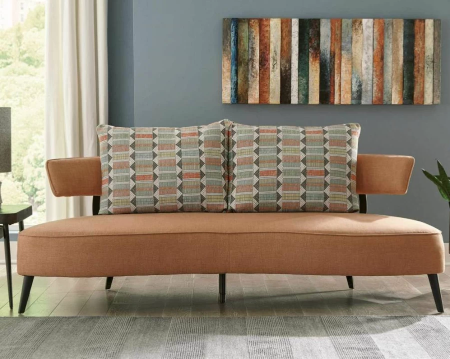 Signature Design by Ashley Hollyann Mid-Century Modern Sofa - Blue Upholstery with 2 Included Back Pillows | Contemporary Living Room Furniture