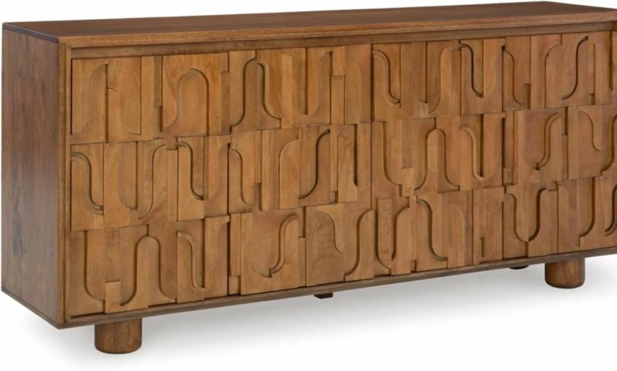 Signature Design by Ashley Gadburg 4-Door Accent Cabinet - Light Brown Geometric Pattern, 2 Shelves, Cord Management, Modern Storage Solution