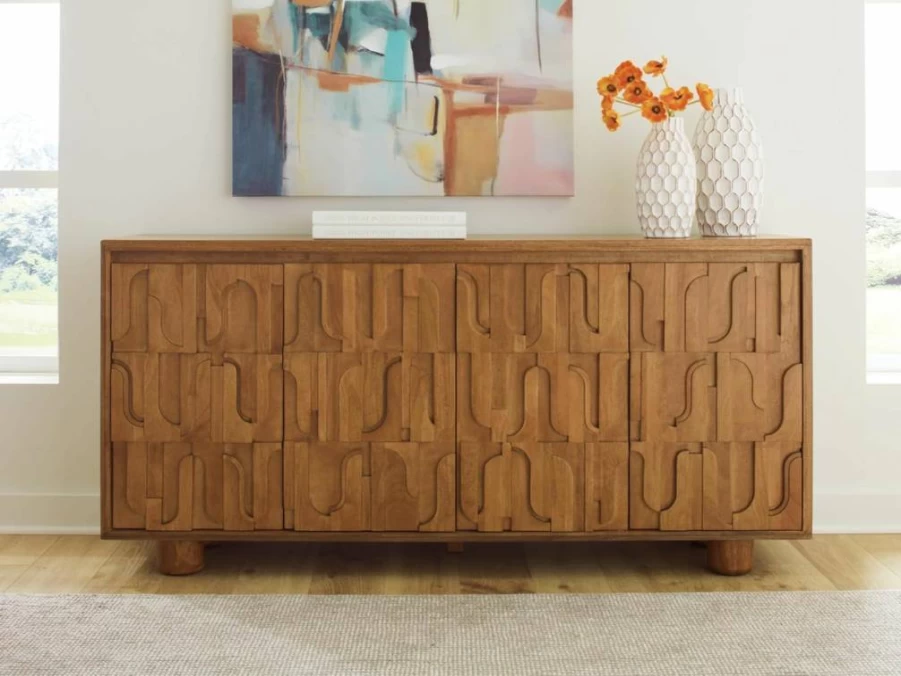 Signature Design by Ashley Gadburg 4-Door Accent Cabinet - Light Brown Geometric Pattern, 2 Shelves, Cord Management, Modern Storage Solution