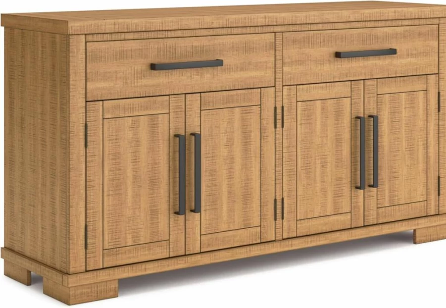 Signature Design by Ashley Havonplane Light Brown 4-Door Dining Server with Adjustable Shelves, Distressed Rustic Finish & Felt-Lined Drawers