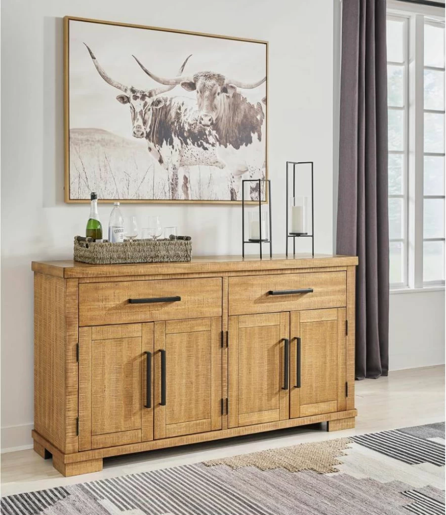 Signature Design by Ashley Havonplane Light Brown 4-Door Dining Server with Adjustable Shelves, Distressed Rustic Finish & Felt-Lined Drawers