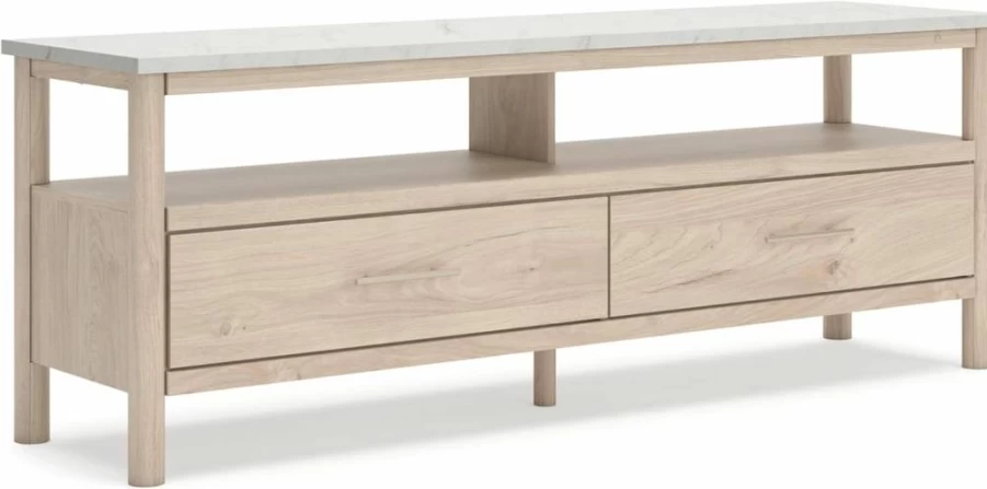 Signature Design by Ashley Cadmori 72" TV Stand with Faux Marble Top, Ambient Lighting, Storage Drawers & Cubbies for TVs Up to 82" - Light Brown & White Modern Bohemian Console