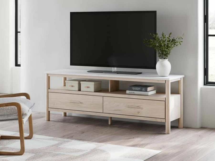 Signature Design by Ashley Cadmori 72" TV Stand with Faux Marble Top, Ambient Lighting, Storage Drawers & Cubbies for TVs Up to 82" - Light Brown & White Modern Bohemian Console