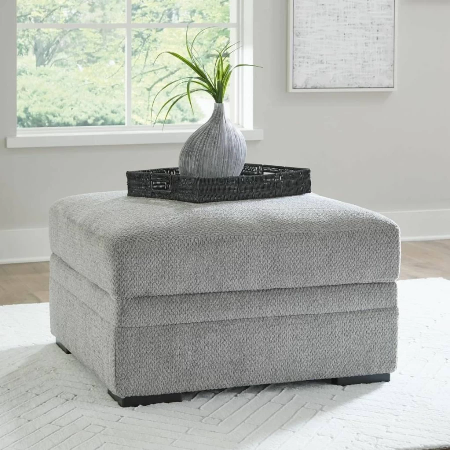 Signature Design by Ashley Casselbury Modern Upholstered Storage Ottoman with Removable Top, 4 Cup Holders, Light Gray Square Footstool