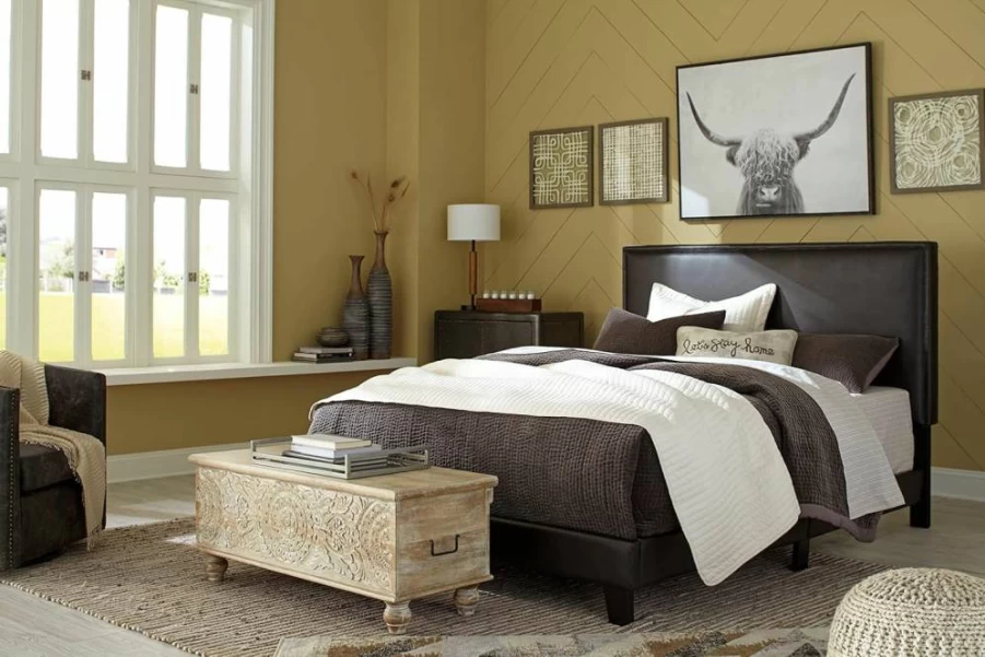 Signature Design by Ashley Mesling Queen Upholstered Bed in Dark Brown - Modern Contemporary Style
