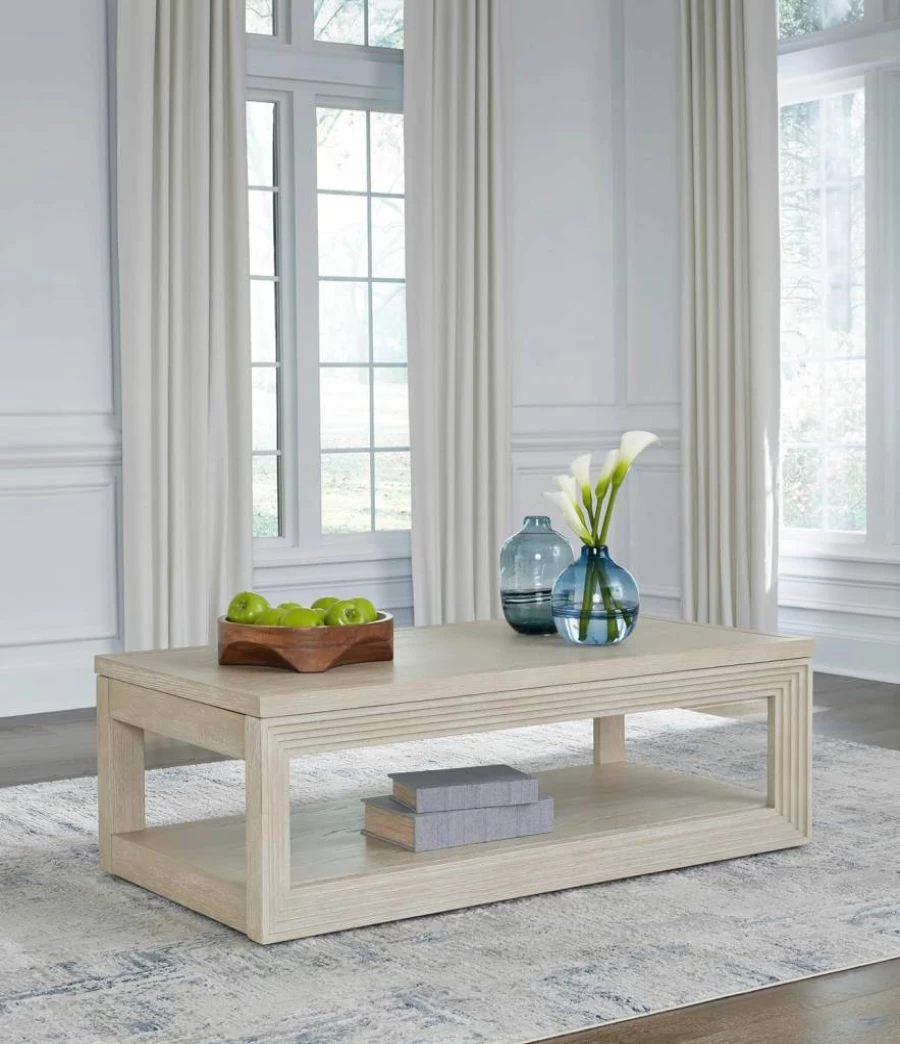 Signature Design by Ashley Marxhart Modern Coffee Table - Lift-Top with Casters, Thick Beige Top & Lower Shelf