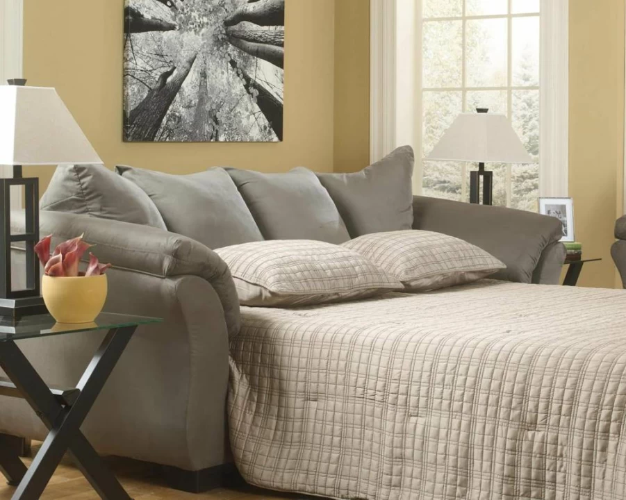Signature Design by Ashley Darcy Plush Sleeper Sofa with Memory Foam Mattress in Grayish Brown