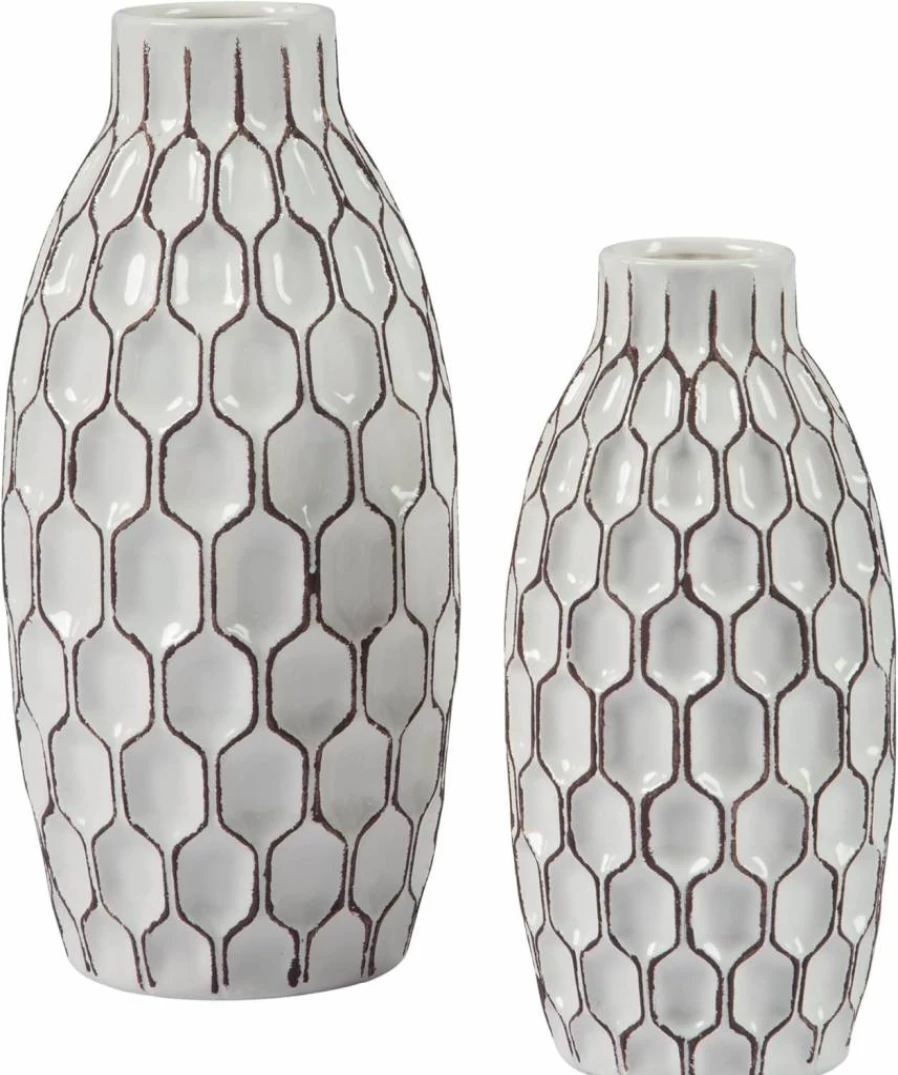 Signature Design by Ashley Dionna 2-Piece Ceramic Vase Set - Geometric Bottle Neck Design in White and Brown