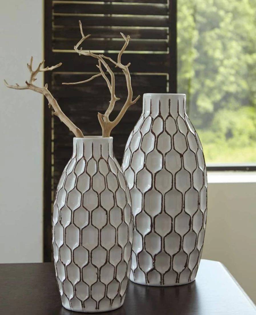 Signature Design by Ashley Dionna 2-Piece Ceramic Vase Set - Geometric Bottle Neck Design in White and Brown