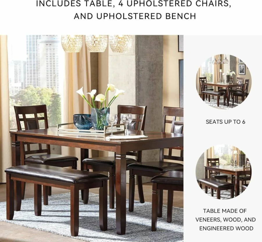 Signature Design by Ashley Bennox Dining Table Set with 4 Chairs & Bench, Brown Wood Kitchen Room Furniture