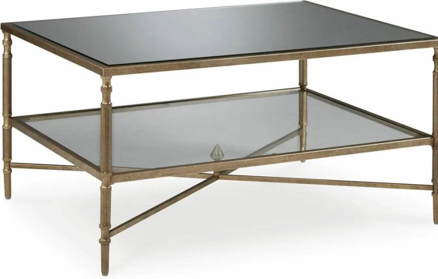 Signature Design by Ashley Cloverty Mid-Century Modern Coffee Table with Glass Shelf & Metallic Embellished Legs - Stylish Living Room Furniture