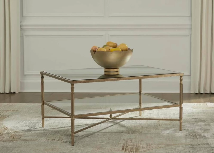 Signature Design by Ashley Cloverty Mid-Century Modern Coffee Table with Glass Shelf & Metallic Embellished Legs - Stylish Living Room Furniture