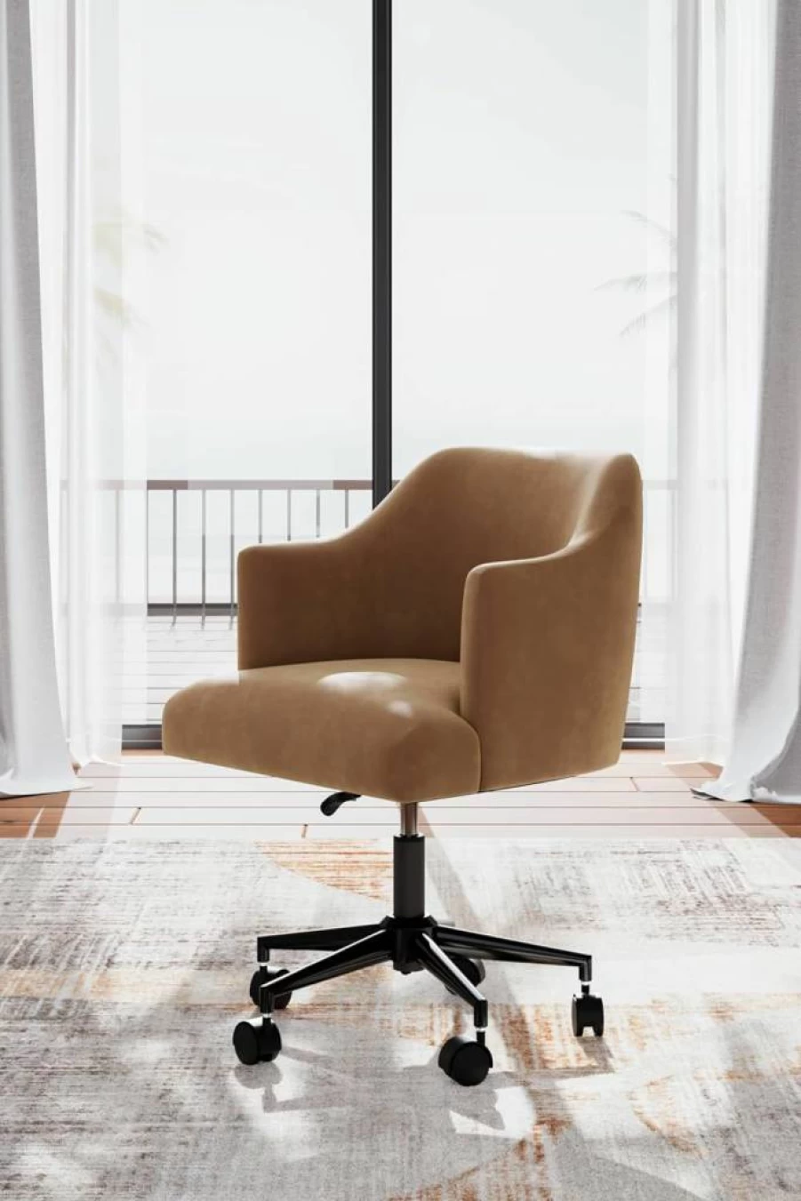 Signature Design by Ashley Austanny Modern Velvet Swivel Office Chair - Adjustable Height, Casters, Light Brown Upholstered Desk Chair for Home & Workspace