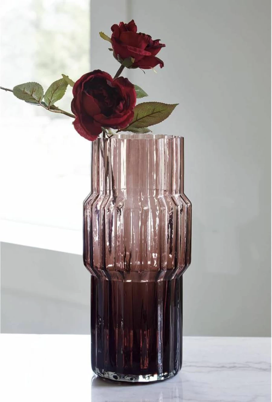 Signature Design by Ashley Dorlow Modern Glass Countertop Vase - 9.25 Inch Purple Fluted Decorative Vase for Indoor & Outdoor Use
