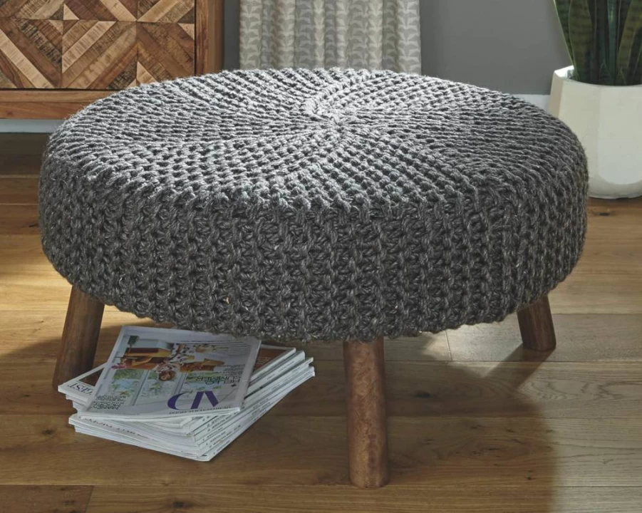 Signature Design by Ashley Jassmyn Modern Hand-Knitted Large Round Storage Ottoman in Dark Gray