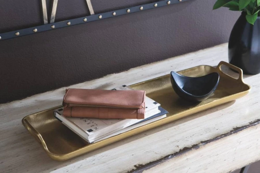 Signature Design by Ashley Posy Gold Metal Decorative Serving Tray - Elegant Finish