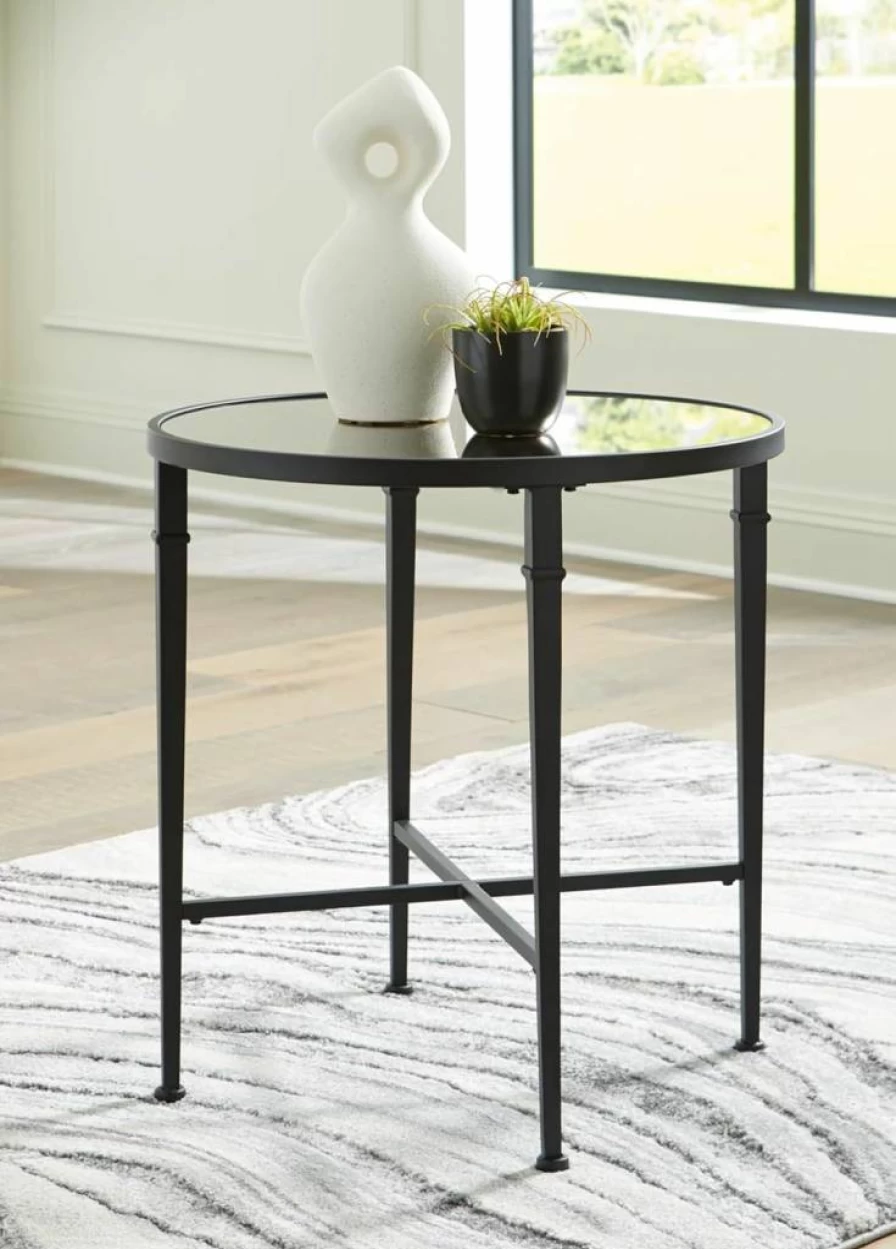 Signature Design by Ashley Cadeburg Industrial Black Accent Table with Mirrored Tabletop & Antiqued Finish