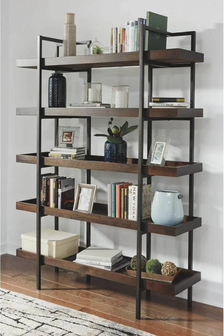 Signature Design by Ashley Starmore 76" Urban Industrial Bookcase with 5 Fixed Shelves, Brown Wood Storage Shelf