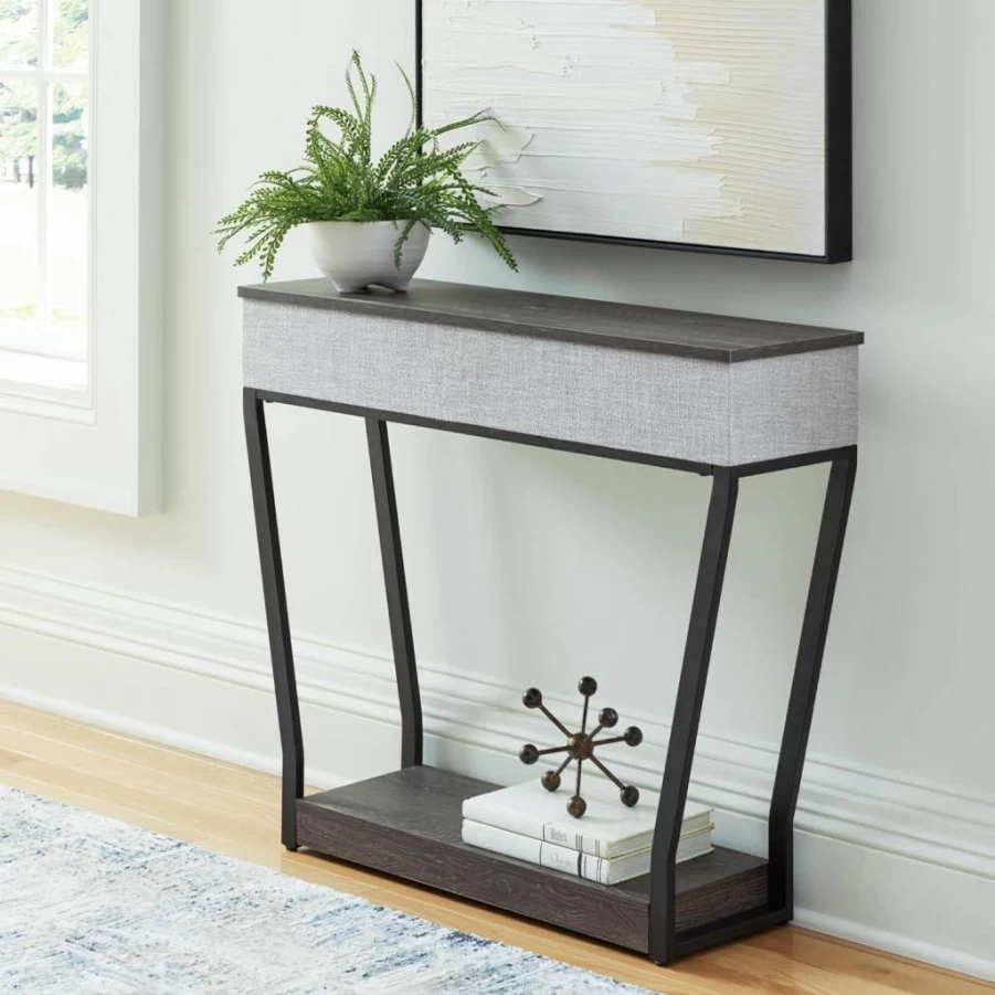 Signature Design by Ashley Sethlen Modern Console Sofa Table with Wireless Charging, USB-C Ports, and Lower Shelf in Gray & Black