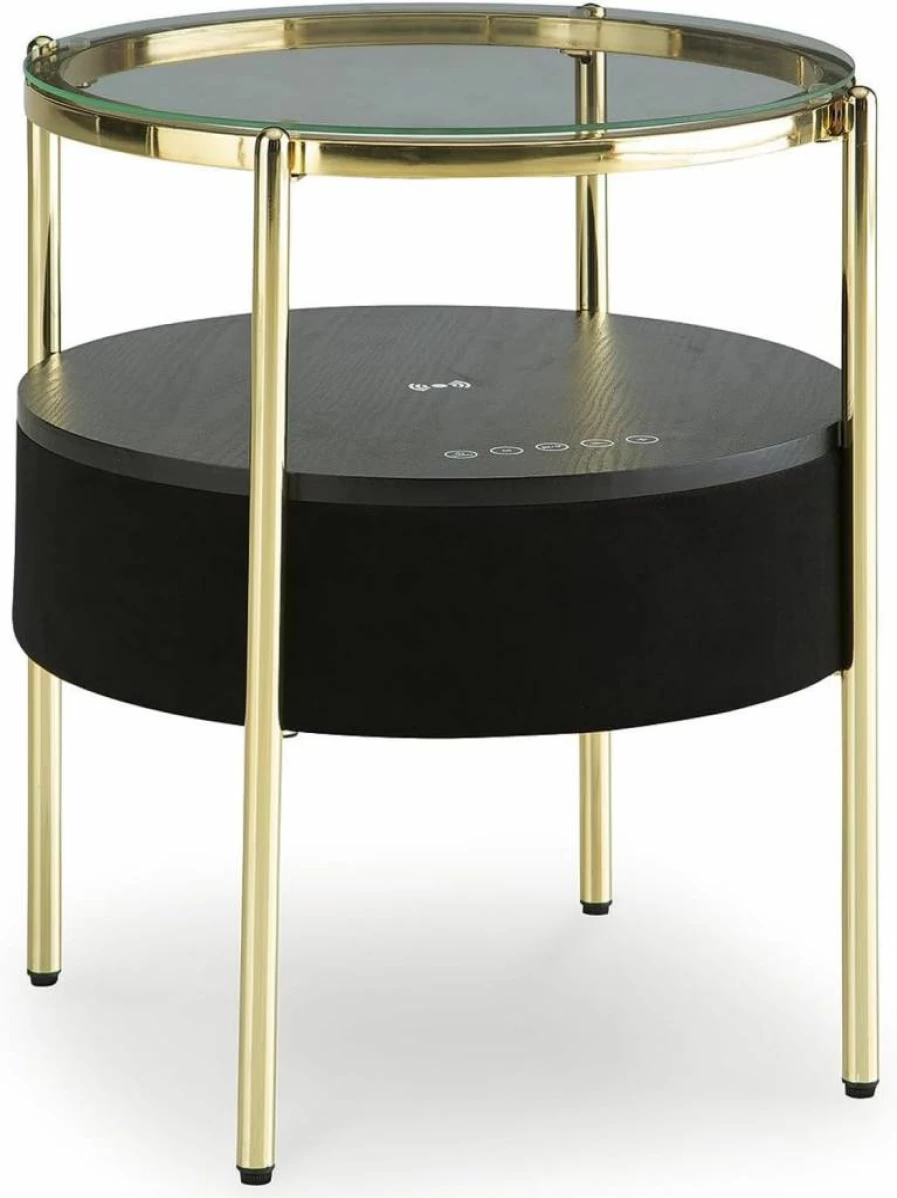 Signature Design by Ashley Nedman Modern Accent Table with Tempered Glass Top, Built-in Speaker, Shelf, USB & Qi Wireless Charging, Black & Metallic Finish