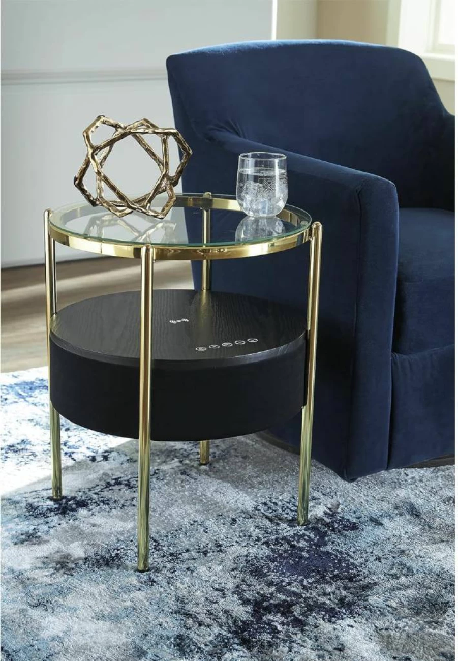 Signature Design by Ashley Nedman Modern Accent Table with Tempered Glass Top, Built-in Speaker, Shelf, USB & Qi Wireless Charging, Black & Metallic Finish