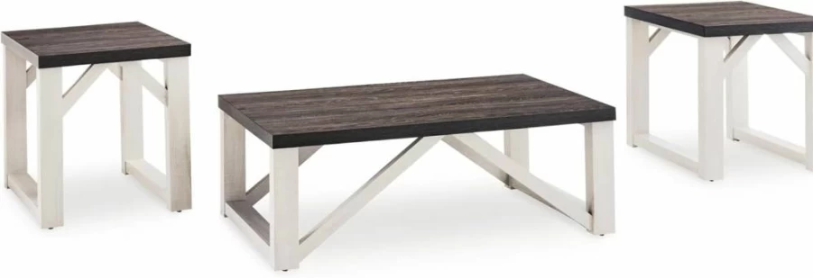 Signature Design by Ashley Dorrinson Farmhouse Living Room Table Set - 3-Piece Dark Brown & White Dining Table and Chairs