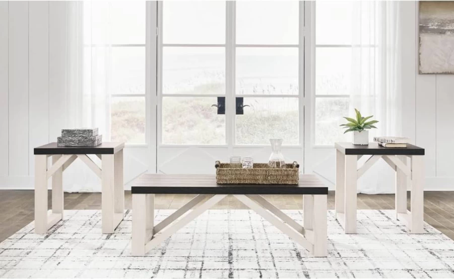 Signature Design by Ashley Dorrinson Farmhouse Living Room Table Set - 3-Piece Dark Brown & White Dining Table and Chairs