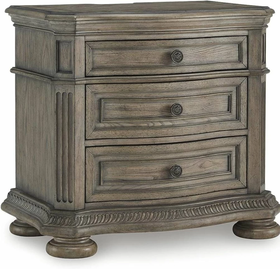 Signature Design by Ashley Ardenfield Nightstand - 3 Drawers, USB Ports, Light Brown Finish, Classic Bedside Table
