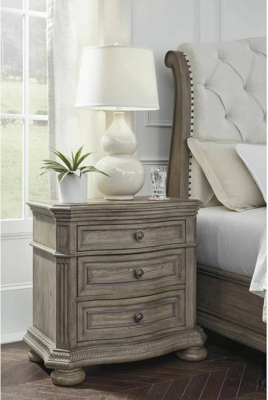 Signature Design by Ashley Ardenfield Nightstand - 3 Drawers, USB Ports, Light Brown Finish, Classic Bedside Table