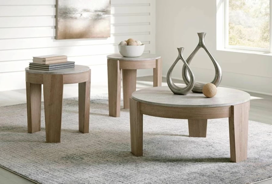 Signature Design by Ashley Guystone 3-Piece Casual Dining Set with Faux Cement Tabletop in Light Brown & Gray