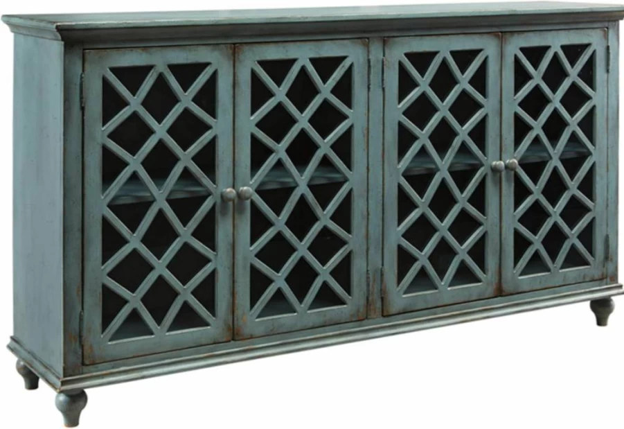 Signature Design by Ashley Mirimyn 69" Antique Blue Accent Cabinet with Mirrored Glass, 4 Doors & 2 Adjustable Shelves, Vintage Style Storage
