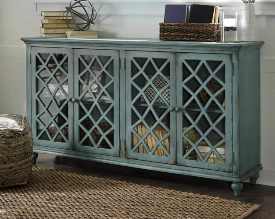 Signature Design by Ashley Mirimyn 69" Antique Blue Accent Cabinet with Mirrored Glass, 4 Doors & 2 Adjustable Shelves, Vintage Style Storage