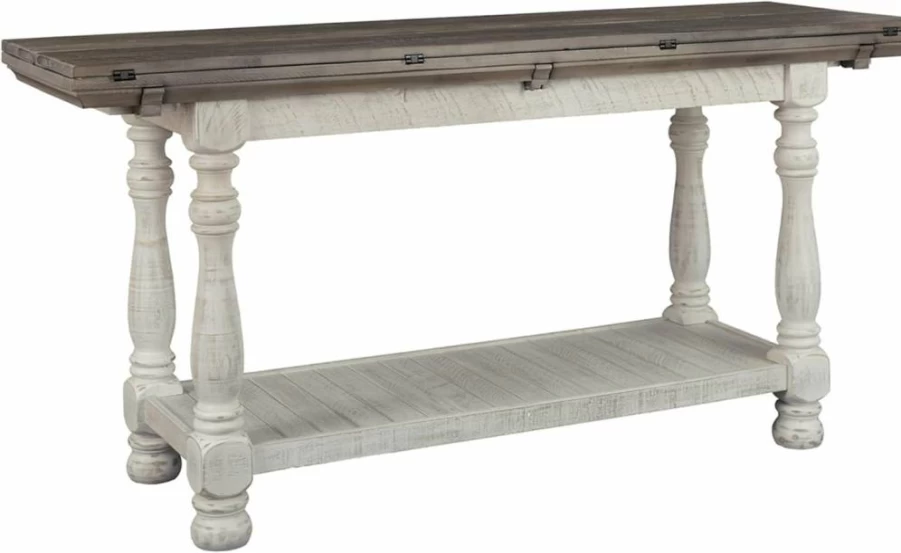 Signature Design by Ashley Havalance Farmhouse Sofa Table with Flip Top, Extra Dining Space & Fixed Lower Shelf, Weathered Gray & White Finish