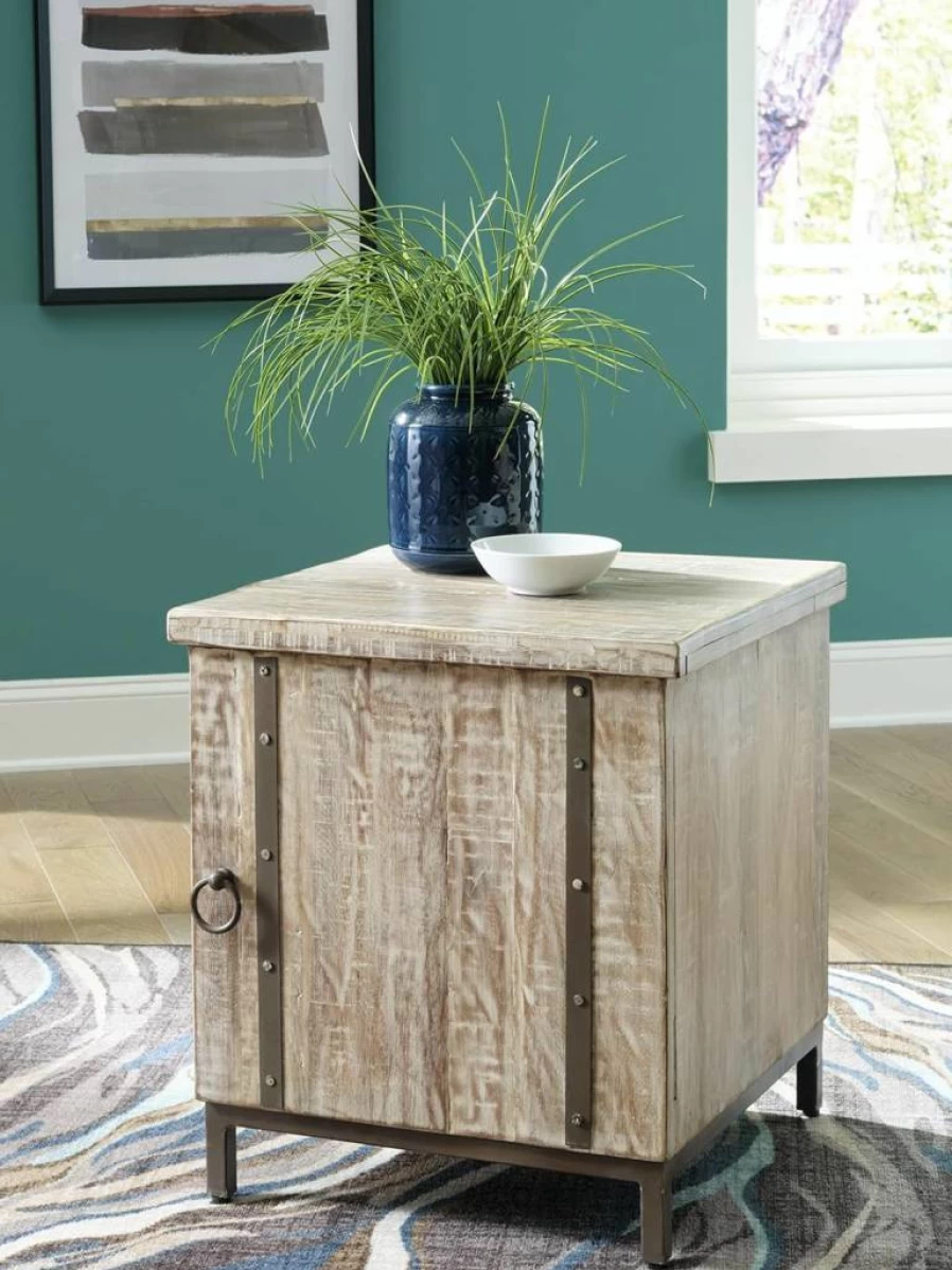 Signature Design by Ashley Laddford Whitewash Rustic Chic Accent Cabinet - End Table for Living Room, Bedroom, or Hallway