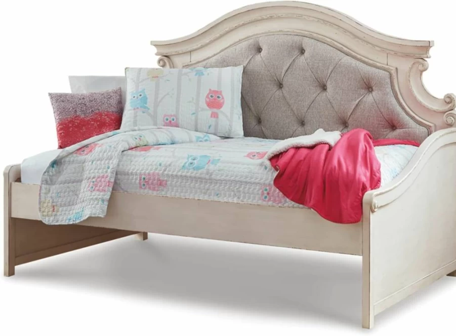 Signature Design by Ashley Realyn French Country Tufted Upholstered Day Bed - Twin Size White Beige Fabric Sofa Bed
