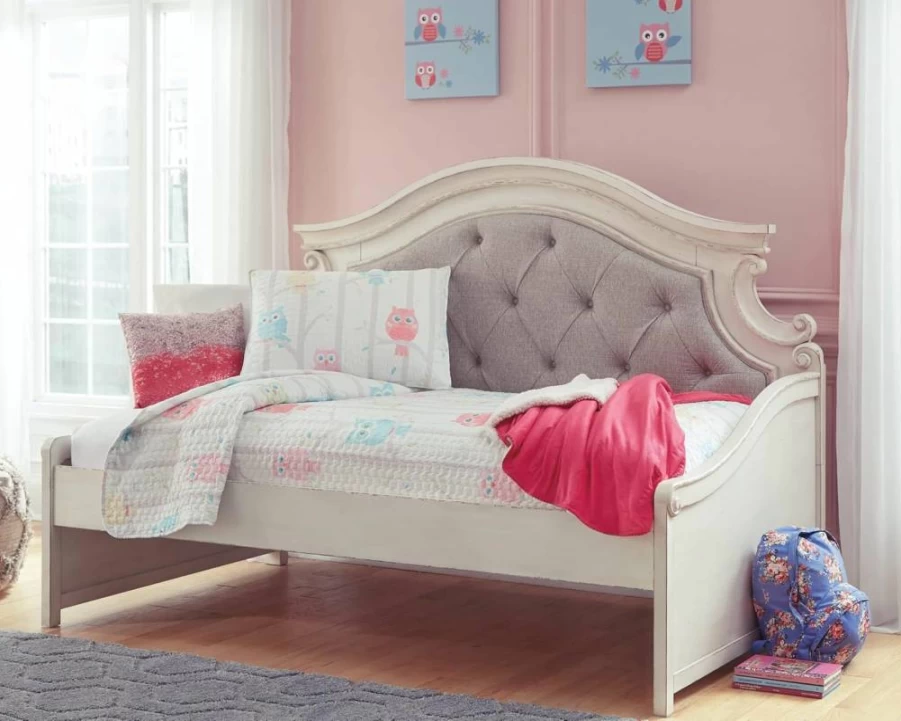 Signature Design by Ashley Realyn French Country Tufted Upholstered Day Bed - Twin Size White Beige Fabric Sofa Bed