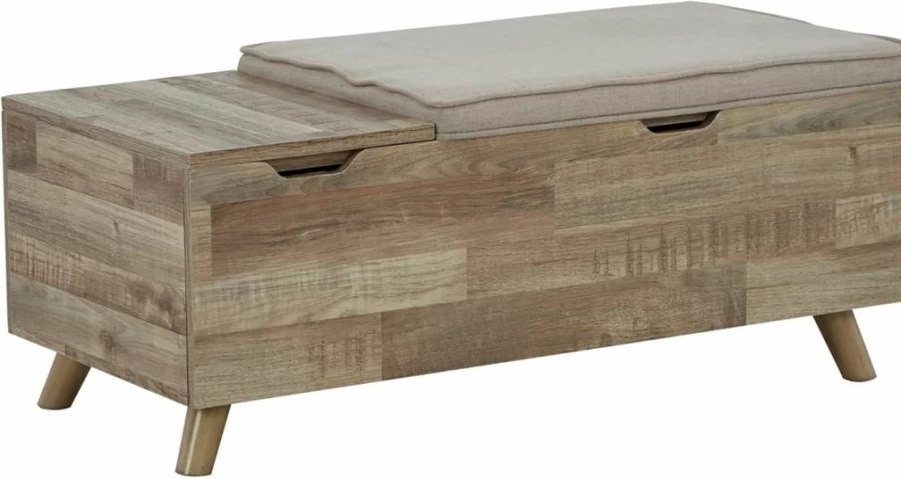 Signature Design by Ashley Yarlow Mid Century Modern Storage Bench with Upholstered Seat, Charcoal Gray Fabric, Stylish Home Furniture