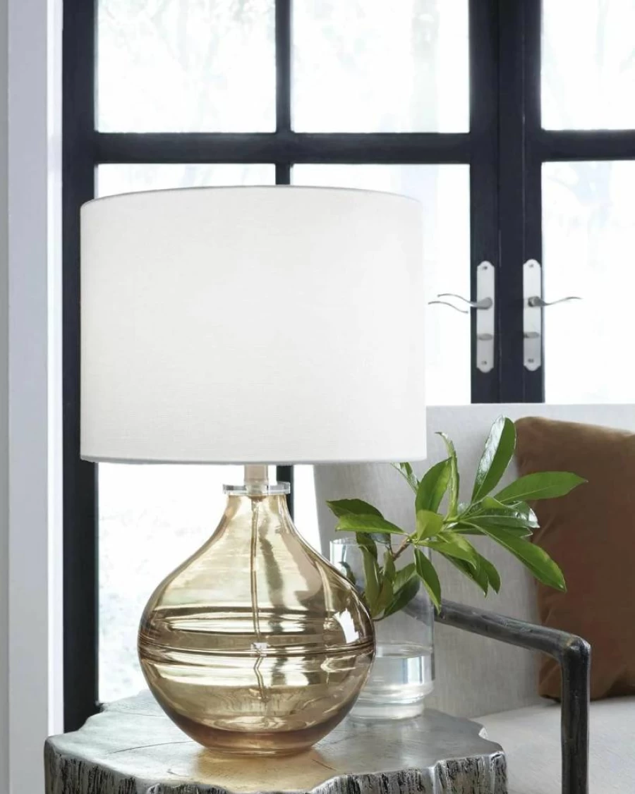 Signature Design by Ashley Lemmitt Modern 21.5" Amber Glass Table Lamp with Light Brown Base – Transparent Shade for Elegant Home Lighting