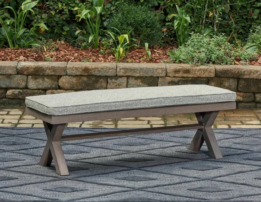 Signature Design by Ashley Hillside 54" Outdoor Dining Bench with Light Brown & Gray Cushion, Casual Barn Style Patio Seating