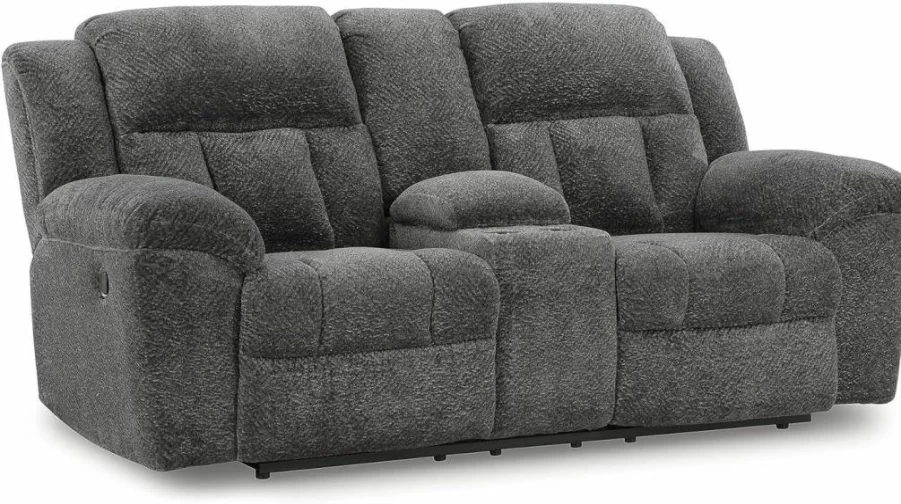 Signature Design by Ashley Frohn Modern Manual Reclining Loveseat with Storage Console & Cup Holders in Gray
