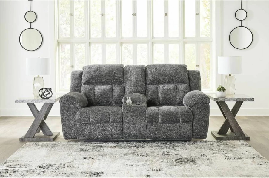 Signature Design by Ashley Frohn Modern Manual Reclining Loveseat with Storage Console & Cup Holders in Gray