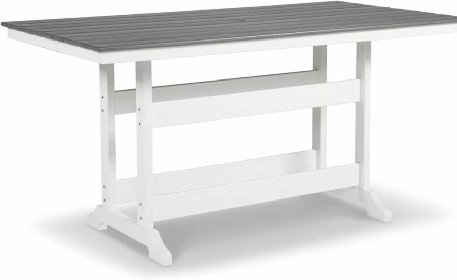 Signature Design by Ashley Transville Outdoor Counter Height Table with Umbrella Hole in Light Gray & White